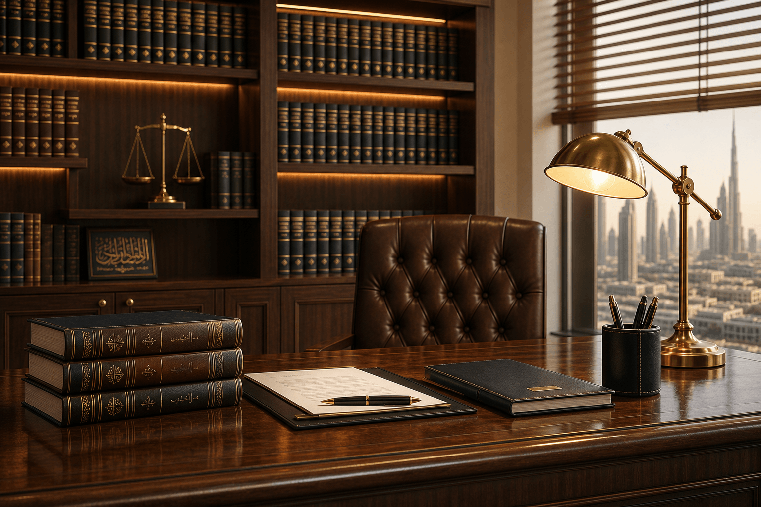 A library of legal references and treatises in the Al Houby office